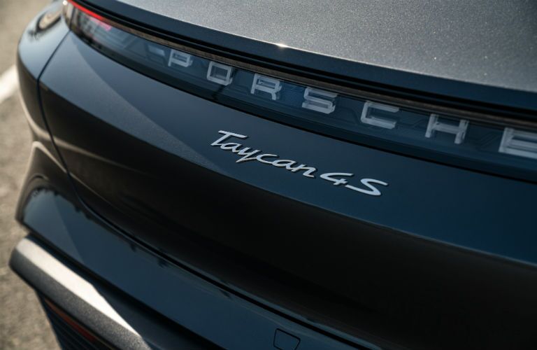 Closeup of badging on 2021 Porsche Taycan 4S
