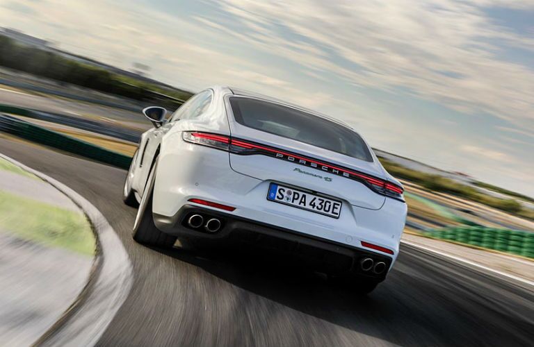 Rear view of white 2021 Porsche Panamera