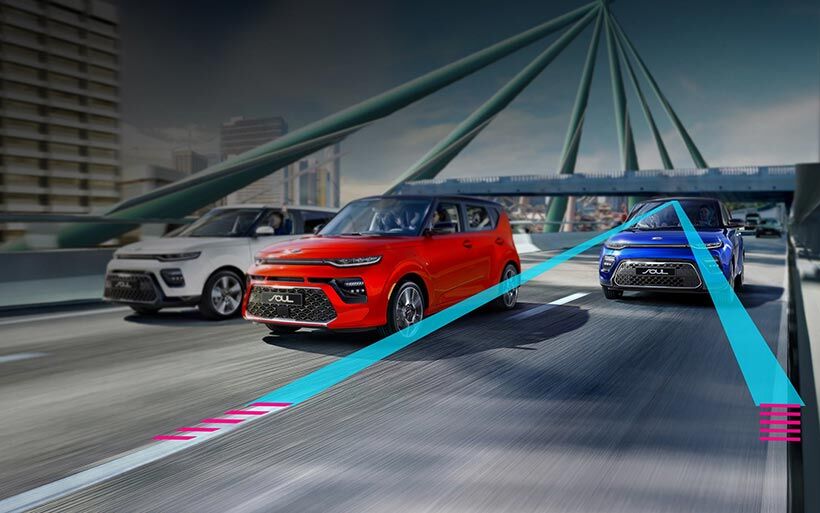 Illustrated image of a 2020 Kia Soul's Lane Keeping Assist in action