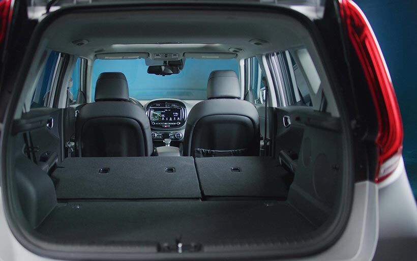 Looking through the open lift-gate of a 2020 Kia Soul