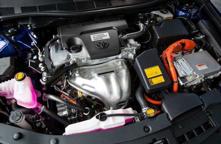 A photo of the hybrid engine used in the Toyota Camry Hybrid.