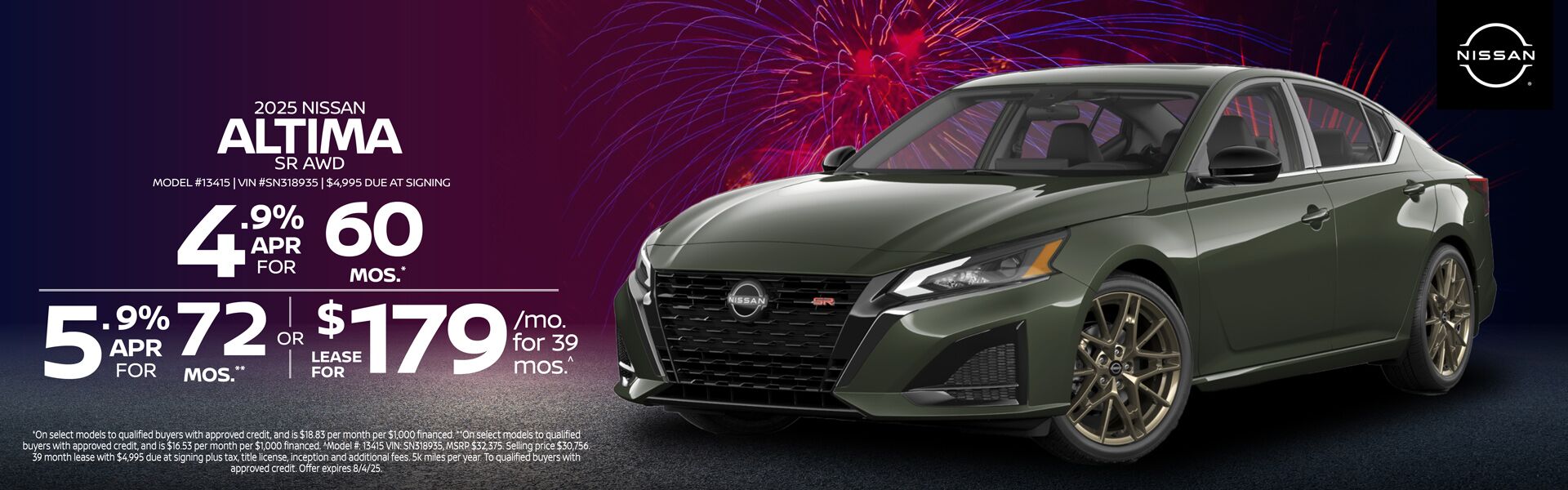 2025 Nissan Altima SR: Get 4.9% APR Financing for 60 mos. | Get 5.9% APR Financing for 72 mos. OR Lease for $179/mo. For 39 mos.