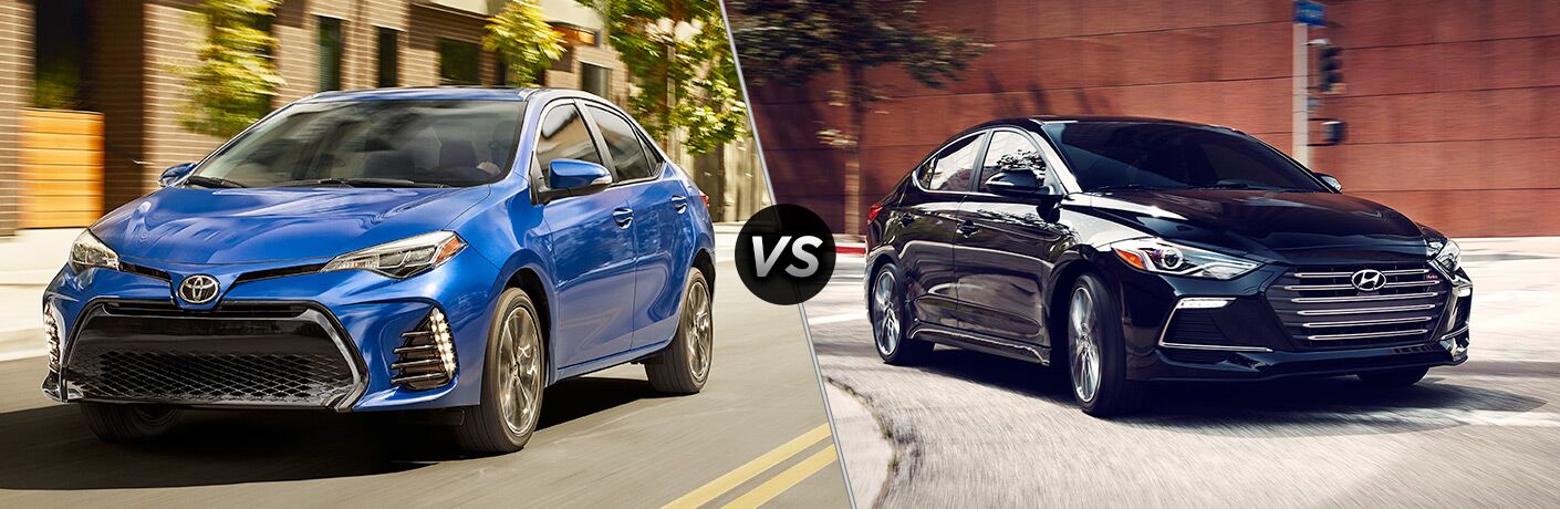 Blue Toyota Corolla and Hyundai Elantra models next to each other in comparison
