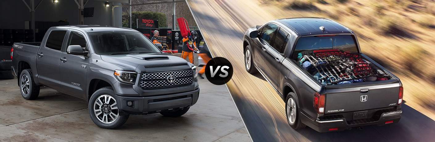 Silver Toyota Tacoma and Honda Ridgeline models positioned next to each other in comparison shot