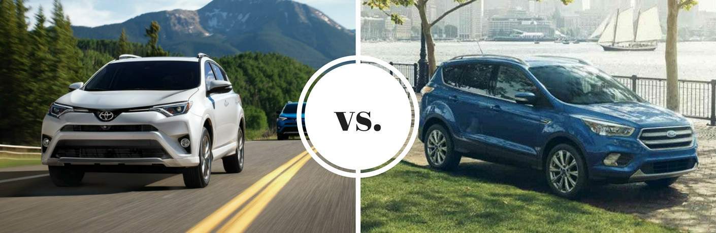 White Toyota RAV4 model parked next to Blue Ford Escape model in comparison image