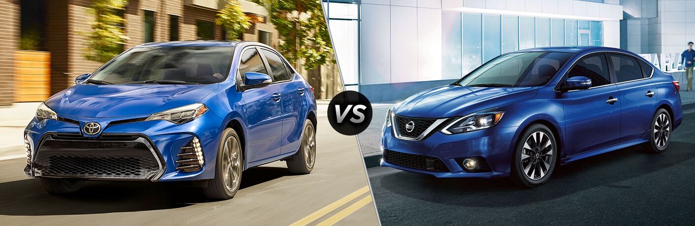 Blue 2019 Toyota Corolla and Nissan Sentra models next to each other in comparison image