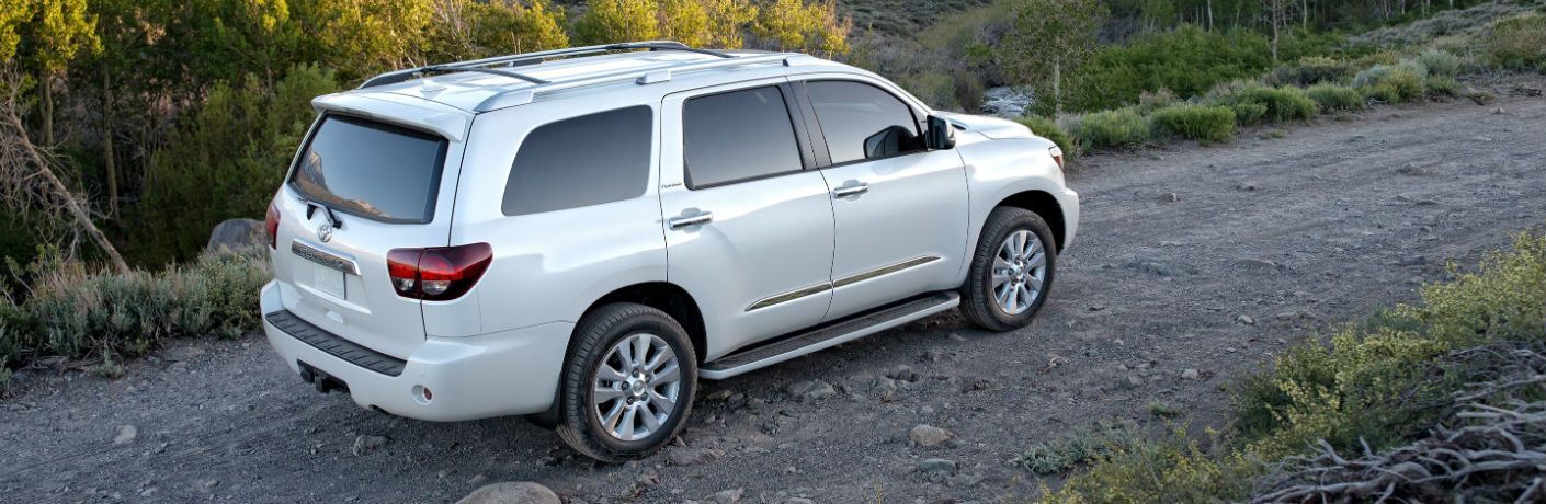 Profile view of white 2019 Toyota Sequoia driving on country trail