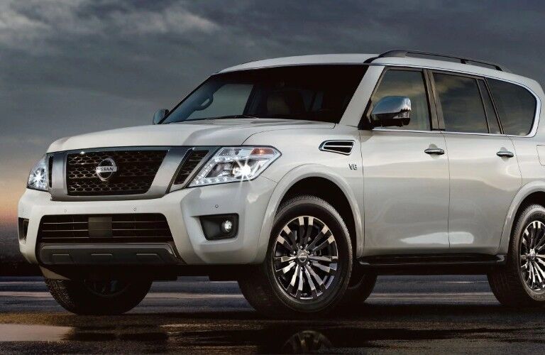 Front driver angle of a white 2019 Nissan Armada