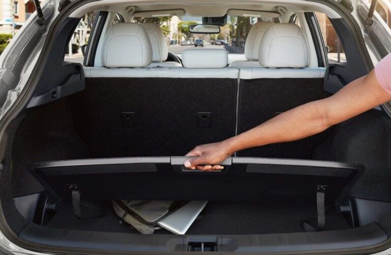 Person lifting the lift-up panel in the back of a 2019 Nissan Rogue Sport
