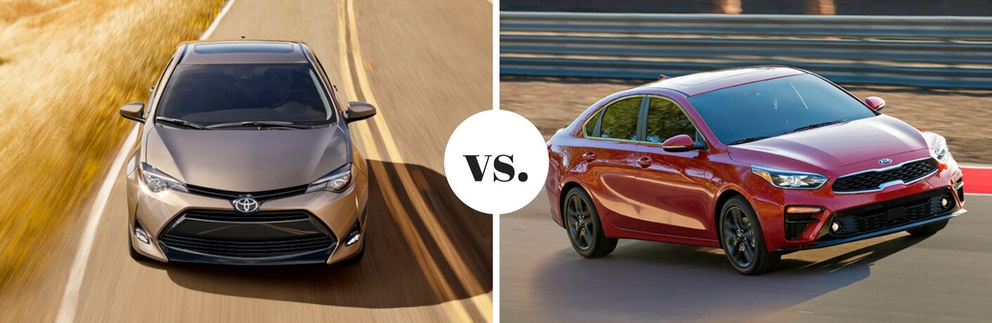 Tan Toyota Corolla next to red Kia Forte in comparison image