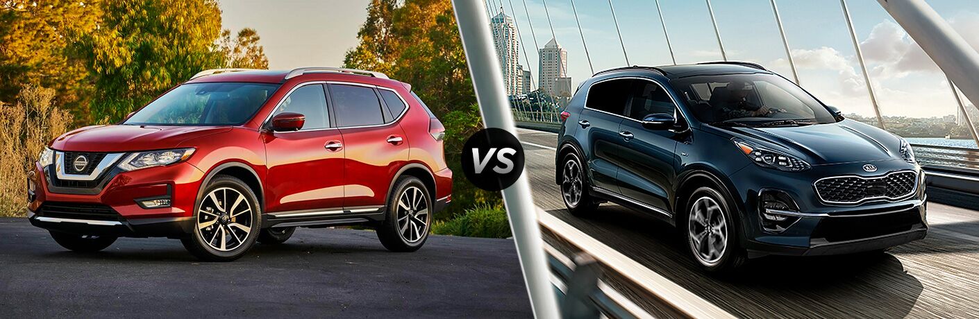 Red 2020 Nissan Rogue on left VS blue 2020 Kia Sportage on right