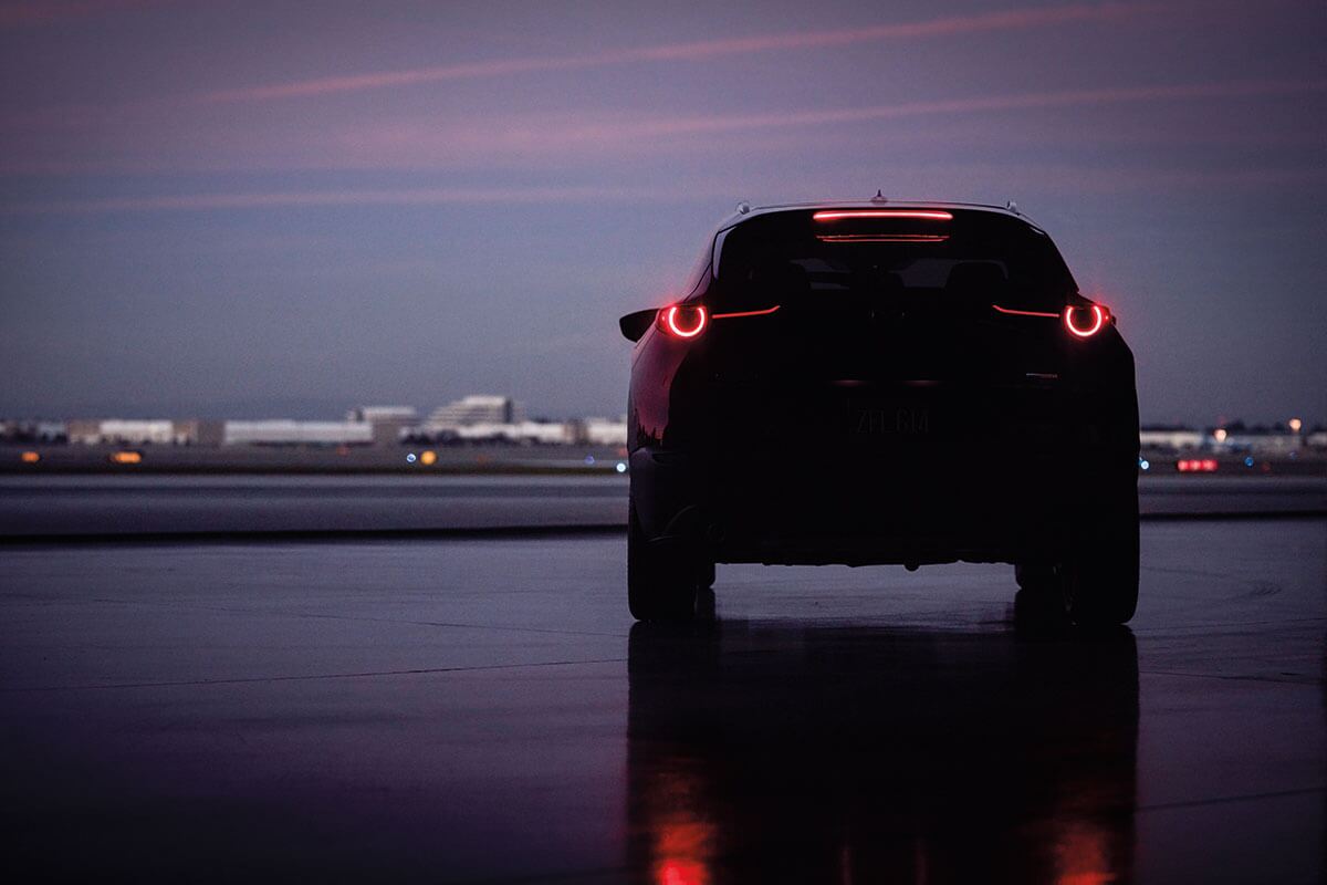 The tail-end of a Mazda CX-30 at dusk near Oshkosh, WI
