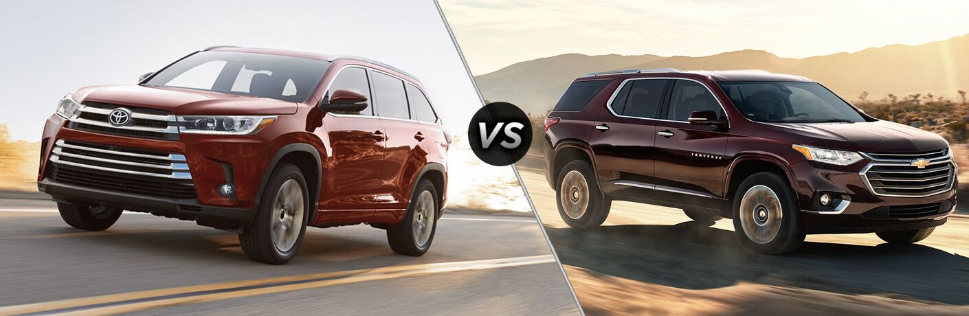 red 2018 Toyota Highlander set against maroon 2018 Chevy Traverse