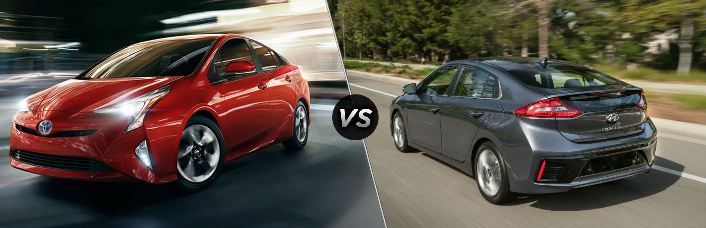 red 2018 Toyota Prius set against gray 2018 Hyundai Ioniq