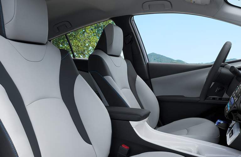 2018 Toyota Prius front seat with light gray seating with black inserts