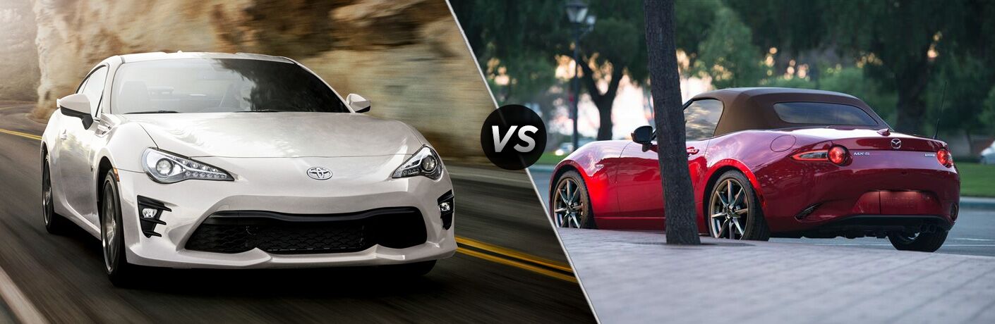 Comparison image of a white 2019 Toyota 86 and a red 2019 Mazda MX-5 Miata