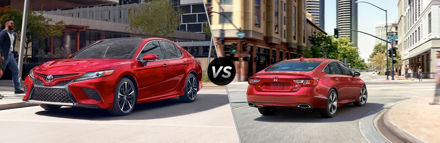 Red 2019 Toyota Camry, VS icon, and red 2019 Honda Accord