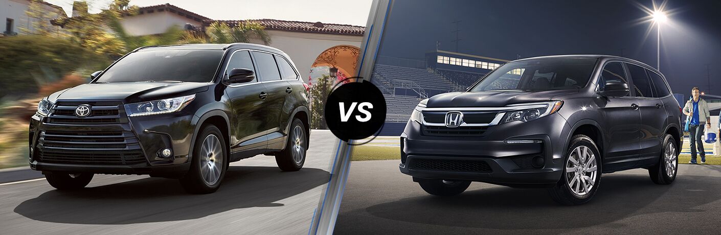 Black 2019 Toyota Highlander, VS icon, and black 2019 Honda Pilot