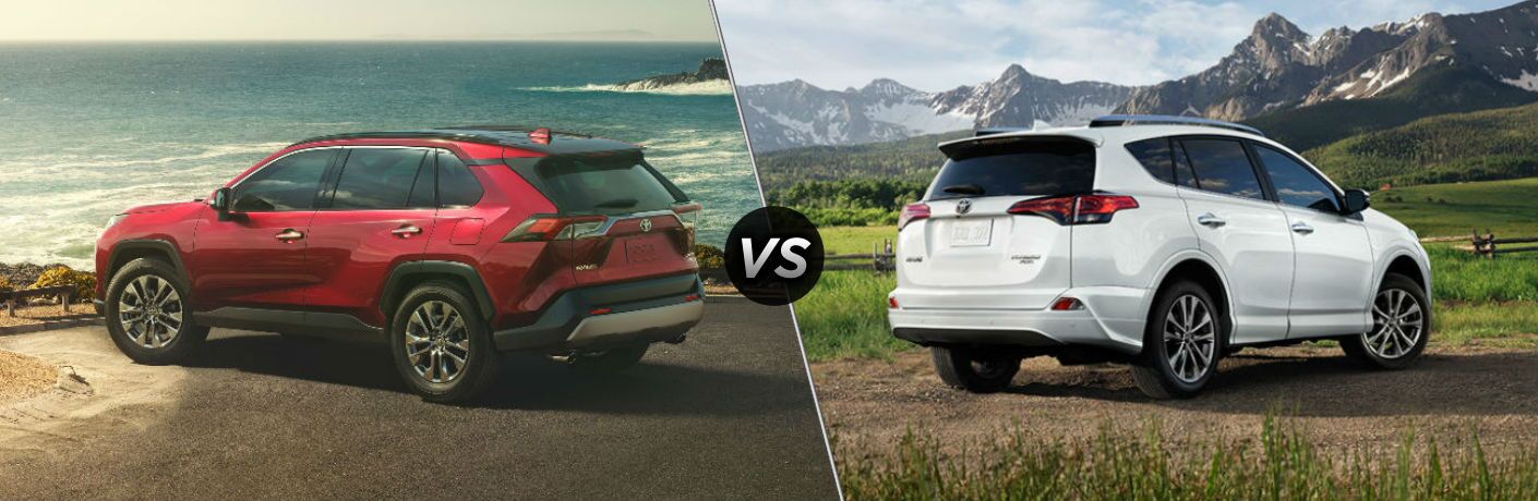 red 2019 Toyota RAV4 set against white 2018 Toyota RAV4