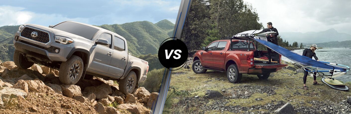 Grey 2019 Toyota Tacoma, VS icon, and orange-red 2019 Ford Ranger