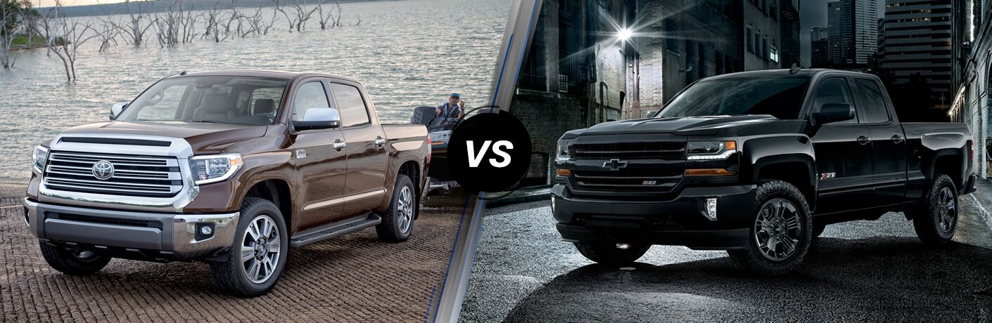 Brown 2019 Toyota Tundra, VS icon, and black 2019 Chevrolet Silverado 1500