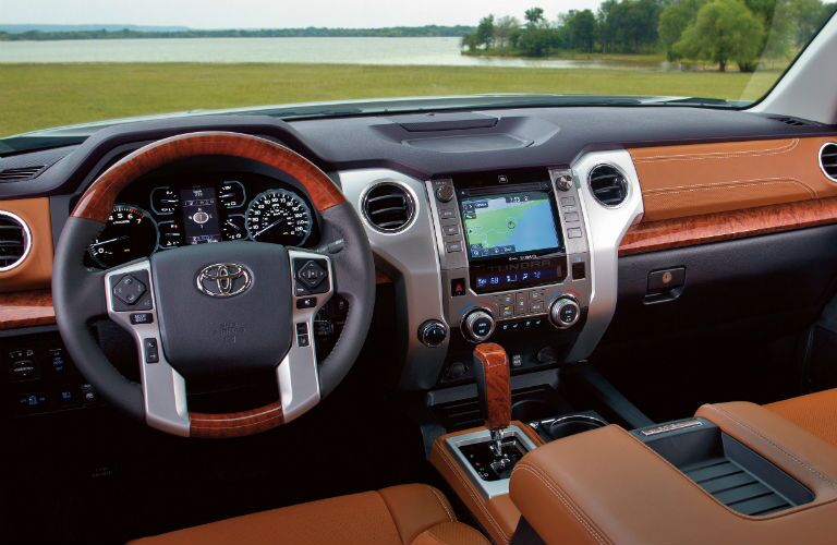 Brown dashboard and front seats in a 2019 Toyota Tundra