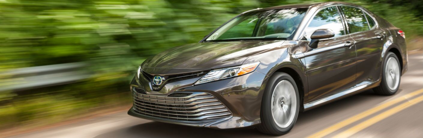 Grey 2020 Toyota Camry Hybrid driving by a forest