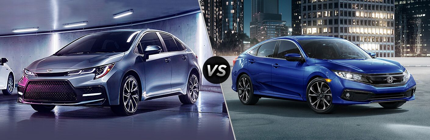 Blue-grey 2020 Toyota Corolla, VS icon, and blue 2019 Honda Civic