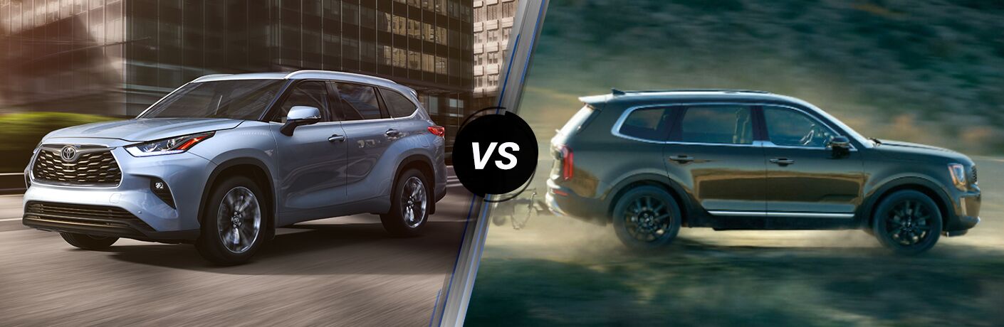 Exterior view of a silver 2020 Toyota Highlander and a green 2020 Kia Telluride