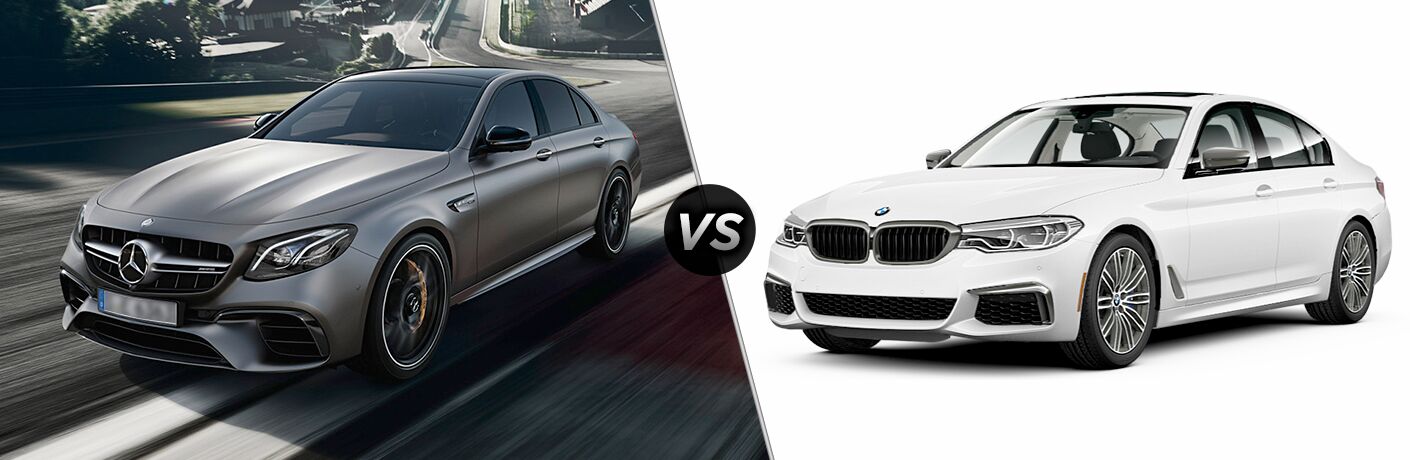 2019 MB AMG E 63 S exterior front fascia and passenger side vs 2019 BMW M550i xDrive exterior front fascia and drivers side