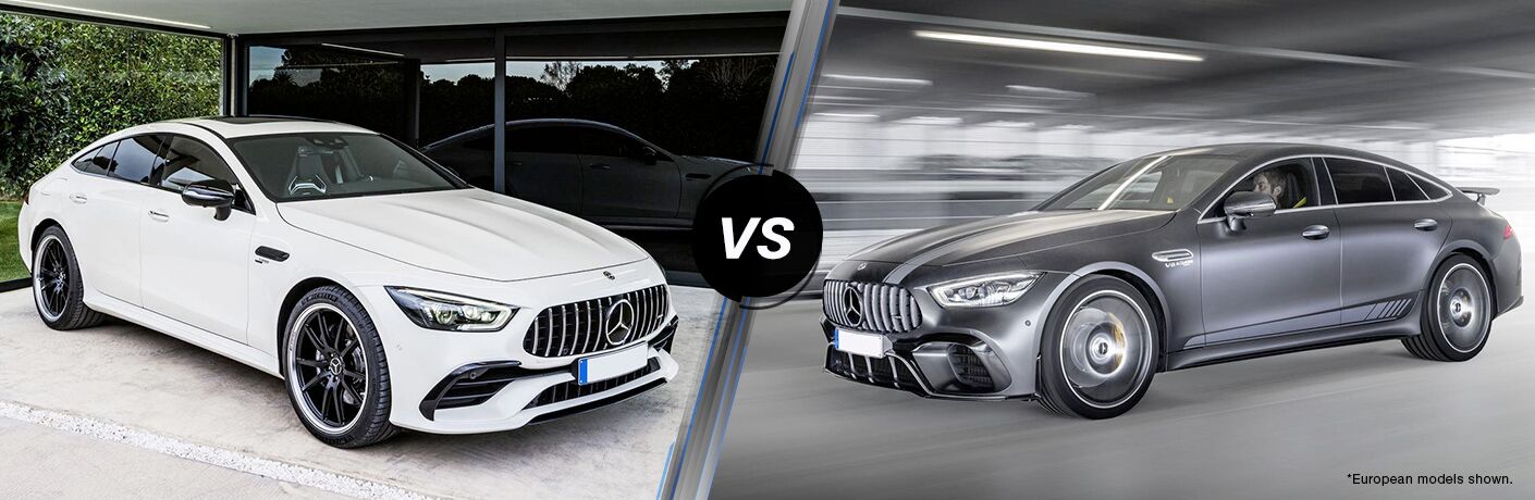 2019 MB AMG GT 53 exterior front fascia and passenger side vs 2019 MB AMG GT 63 exterior front fascia and drivers side