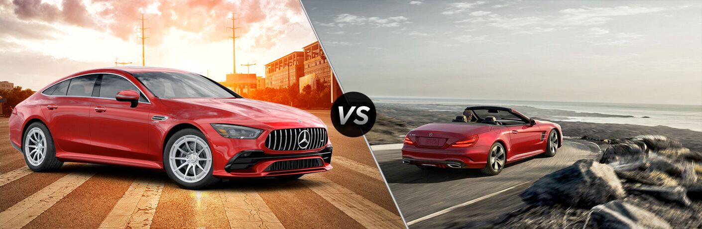 2019 MB AMG GT exterior front fascia and passenger side in city vs 2019 MB SL exterior back fascia and passenger side