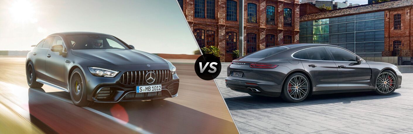 2019 MB AMG GT exterior front fascia and passenger side vs 2019 Porsche Panamera exterior back fascia and passenger side parked in city lot