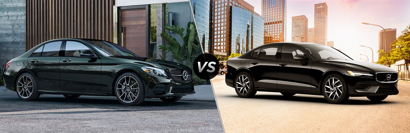 2019 MB C-Class exterior front fascia and passenger side next to building vs 2019 Volvo S60 front fascia and passenger side in front of city
