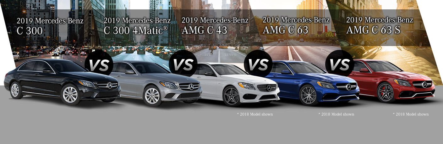 2019 MB C-Class trim comparison front fascia and passenger side lined up in a row