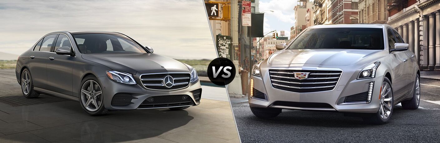 2019 MB E 300 exterior front fascia and passenger side vs 2019 Cadillac CTS Standard exterior front fascia and drivers side