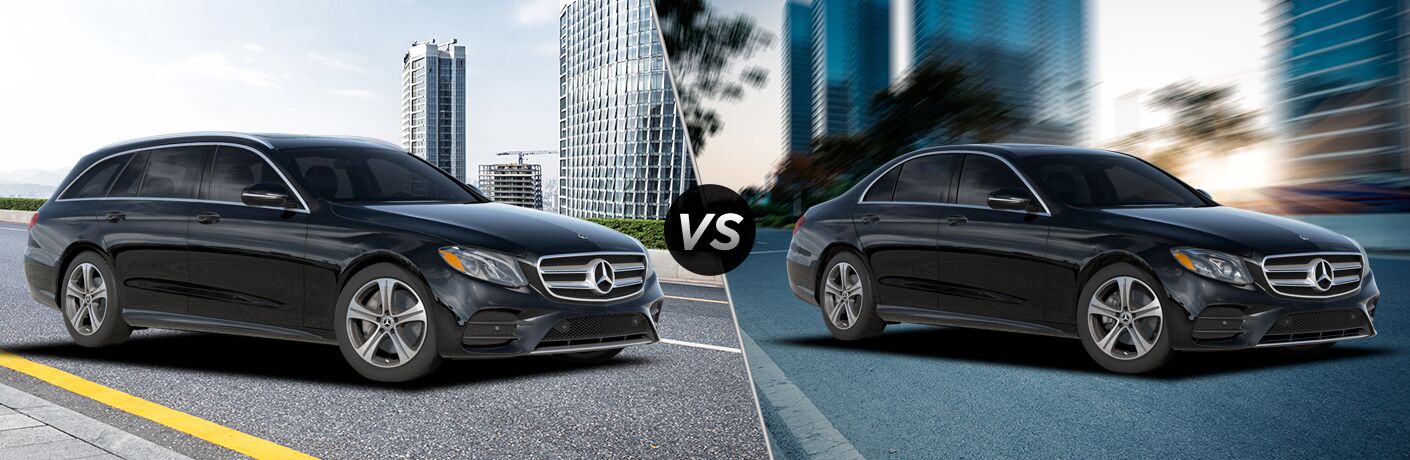 2019 MB E-Class Wagon exterior front fascia and passenger city with city background vs 2019 MB E-Class Sedan exterior front fascia and passenger side with super blurred city background