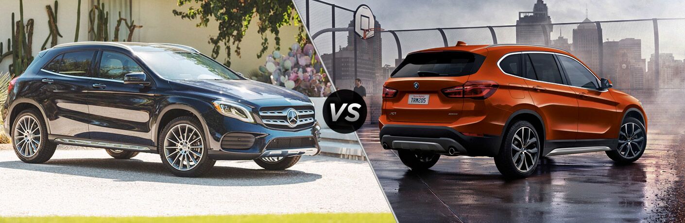 2019 MB GLA exterior front fascia and passenger side vs 2019 BMW X1 sDrive28i exterior back fascia and passenger side