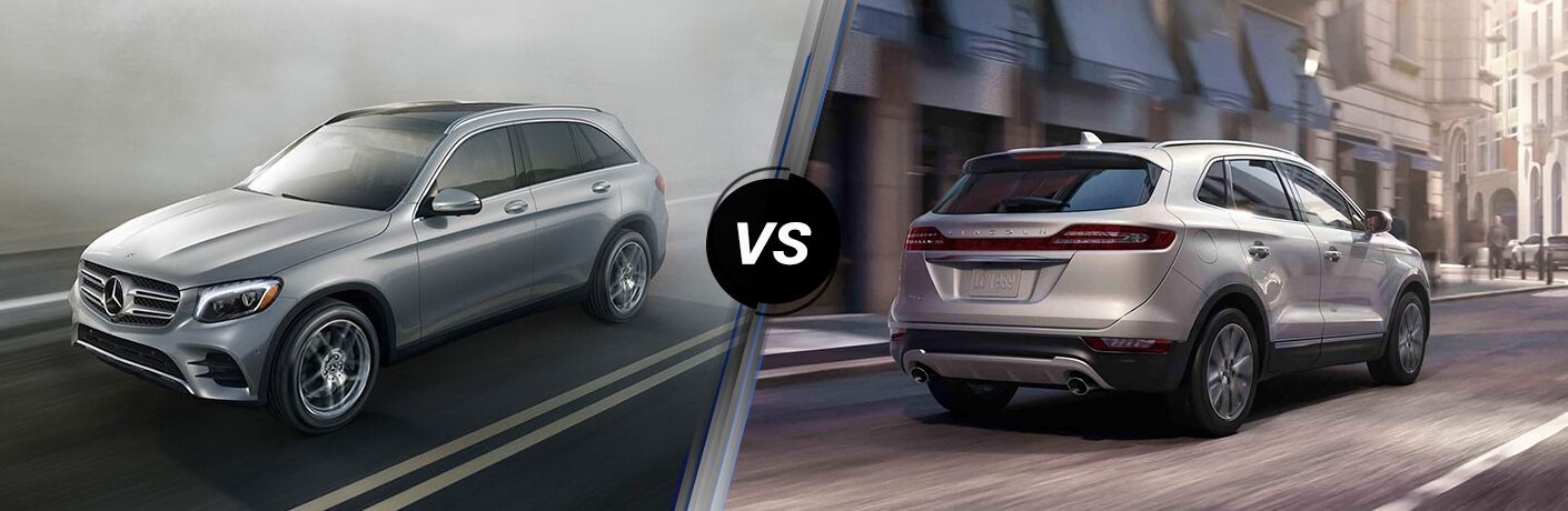 2019 MB GLC exterior front fascia and drivers side vs 2019 Lincoln MKC exterior back fascia and passenger side going fast on blurred road