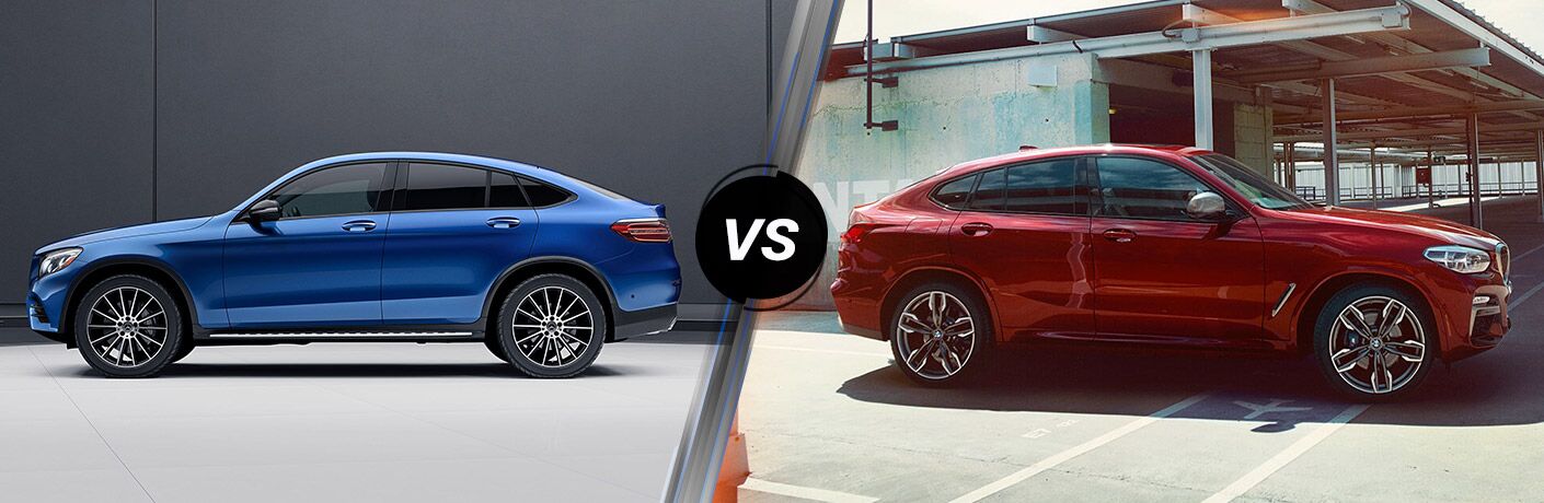 2019 MB GLC Coupe exterior drivers side vs 2019 BMW X4 SUV exterior passenger side profile