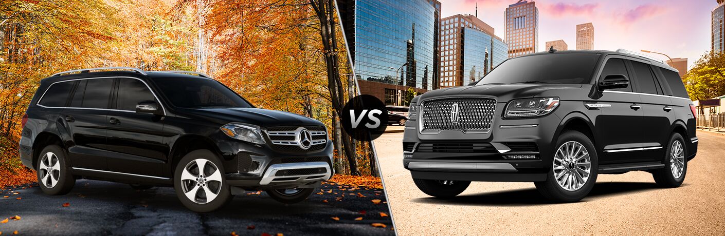 2019 MB GLS exterior front fascia and passenger side vs 2019 Lincoln Navigator exterior front fascia and drivers side