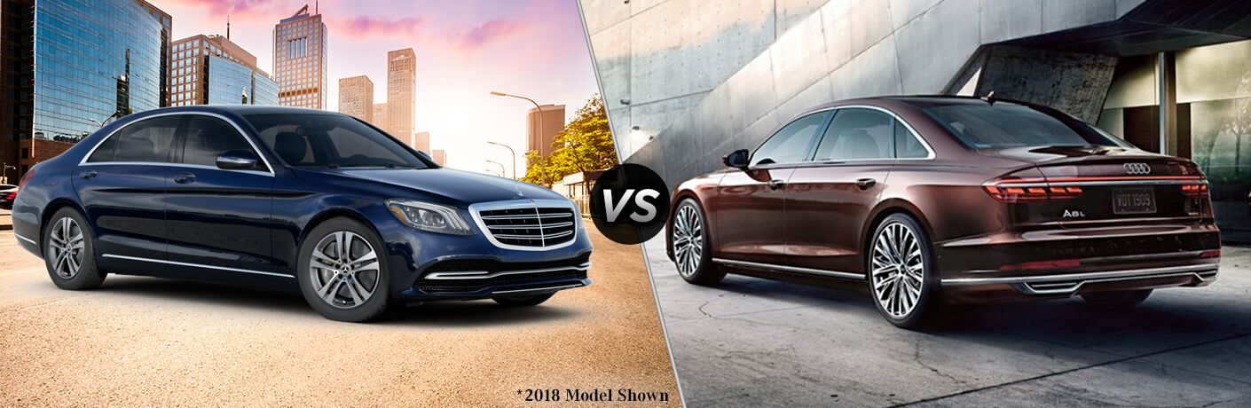2019 MB S 450 exterior front fascia and passenger side  vs 2019 Audi A8 exterior back fascia and drivers side