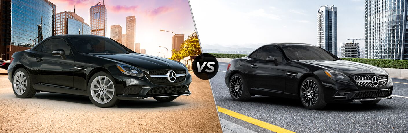 2019 MB SLC 300 Roadster exterior front fascia and passenger side vs 2019 AMG SLC 43 Roadster exterior front fascia and passenger side