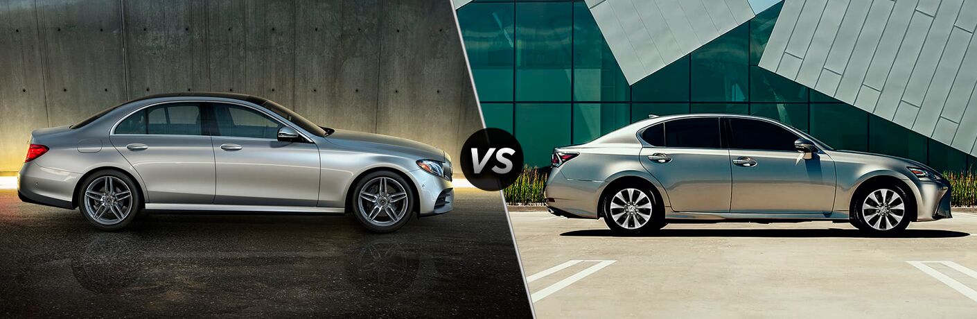 2019 MB E 300 exterior passenger side profile indoors vs 2019 Lexus GS 300 exterior passenger side profile