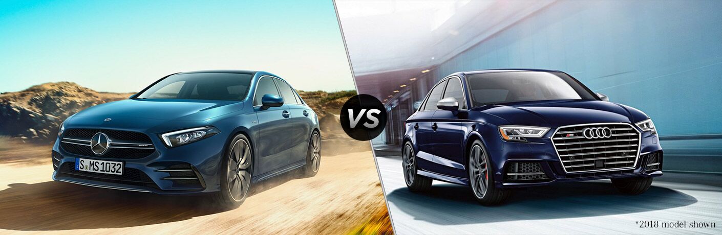 2020 MB A-Class exterior front fascia and driver side on desert road vs 2019 Audi S3 exterior front fascia and passenger side