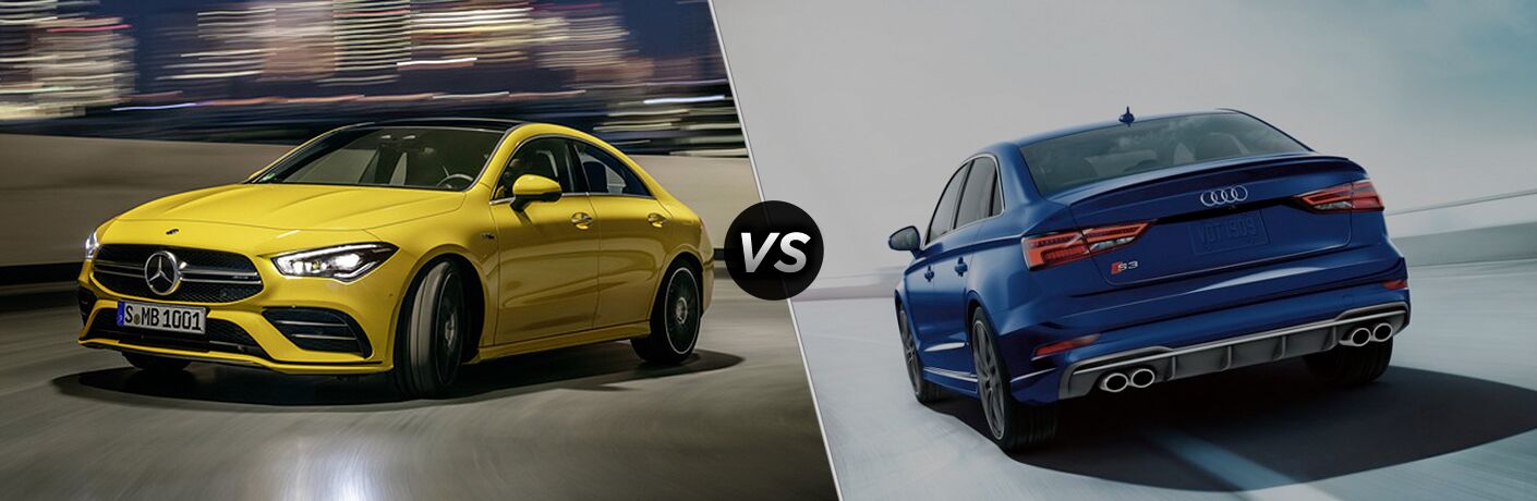 2020 MB AMG CLA exterior front fascia and drivers side with blurred lights vs 2019 Audi S3 exterior back fascia and drivers side