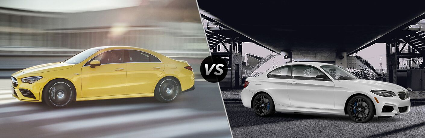 2020 MB AMG CLA 35 Coupe exterior driver side profile vs 2019 BMW M240i xDrive exterior front fascia and passenger side