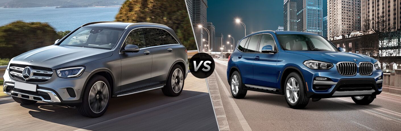 2020 MB GLC SUV exterior front fascia and drivers side vs 2019 BMW X3 exterior front fascia and passenger side