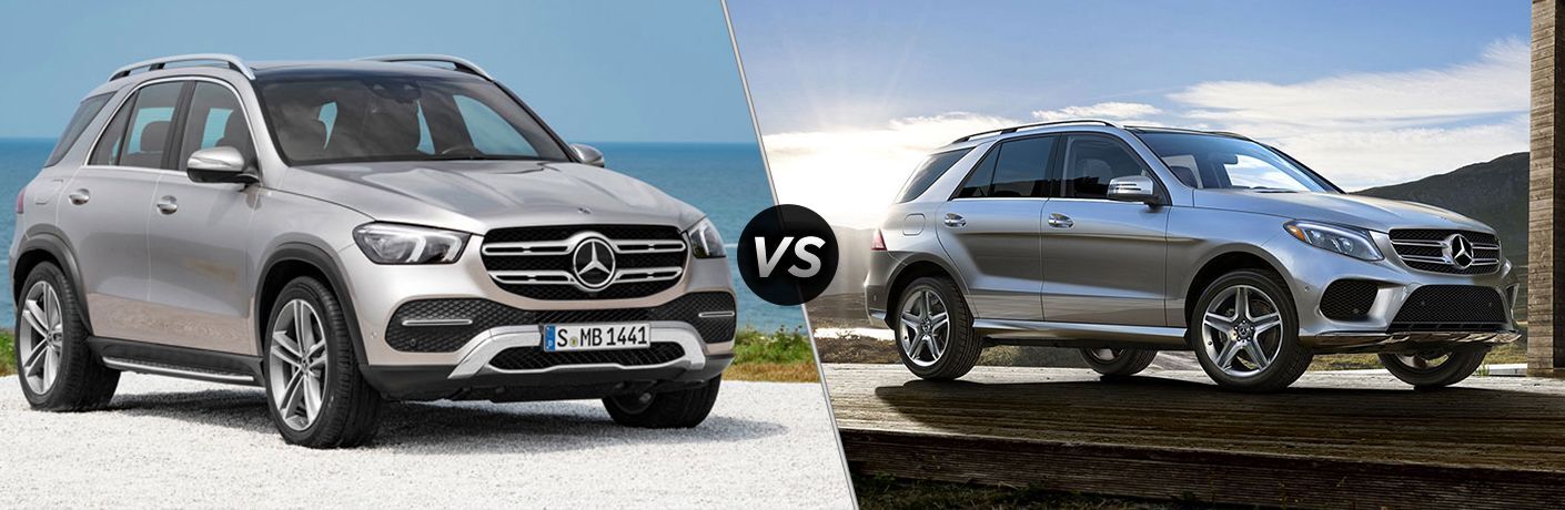 2020 MB GLE SUV exterior front fascia and passenger side parked on sandy beach vs 2019 MB GLE SUV exterior front fascia and passenger side with sun shining in background