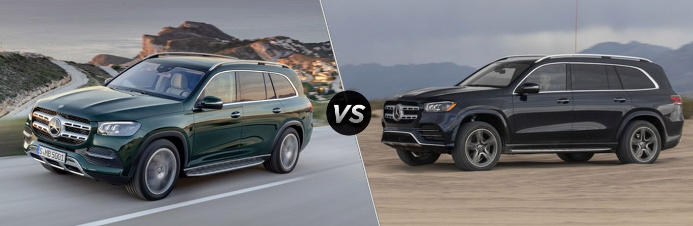 2020 MB GLS 450 exterior front fascia and driver side going fast on mountain road vs 2020 MB GLS 580 exterior front fascia and driver side in desert